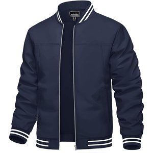 Men's Navy Blue Lightweight Casual Spring Fall Zip Up  Bomber Jacket with Pocket